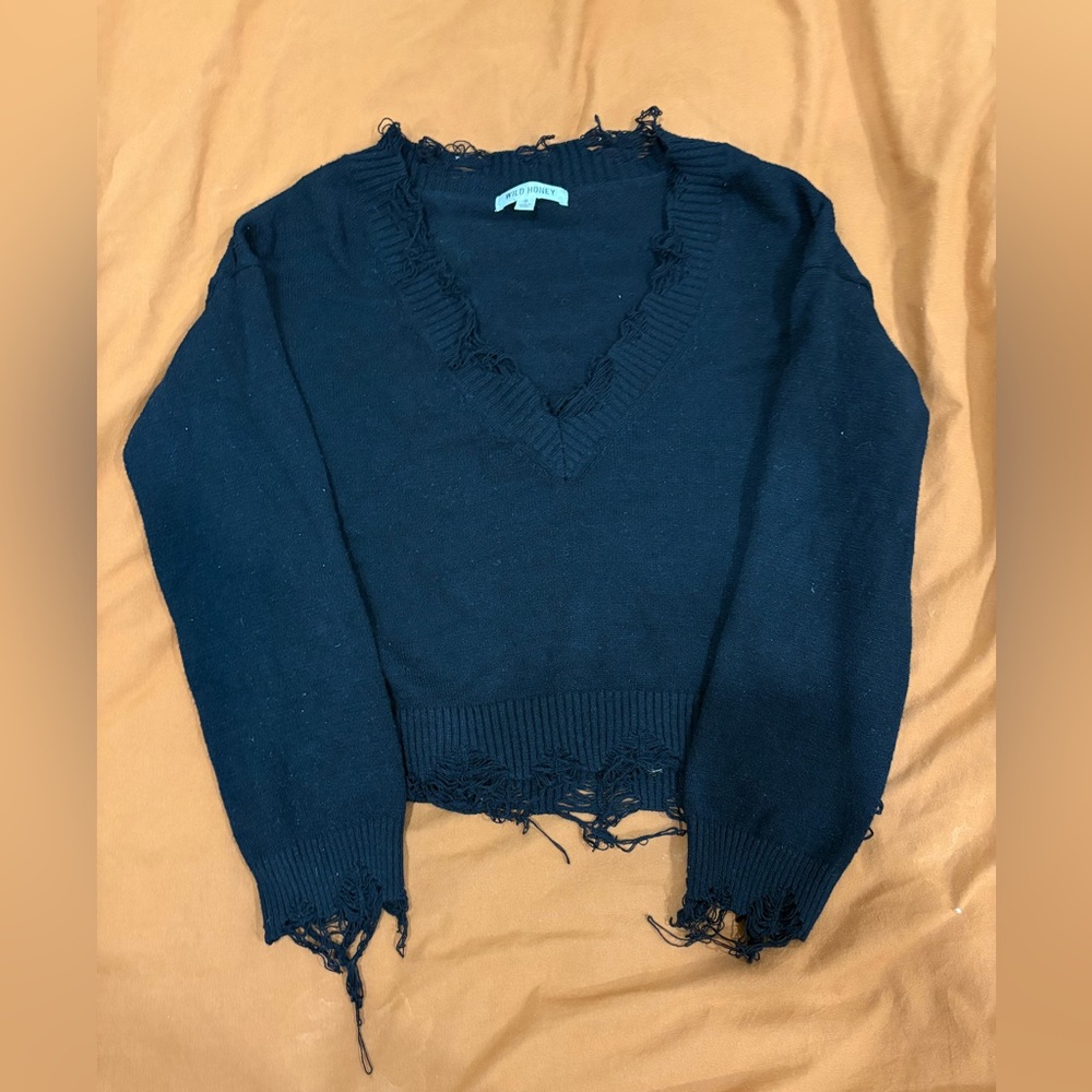 Wild Honey Black Distressed V-Neck Sweater